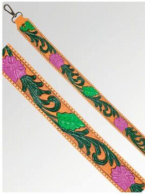 American Darling Hand Tooled Leather Crossbody Bag Strap Purple Green Floral